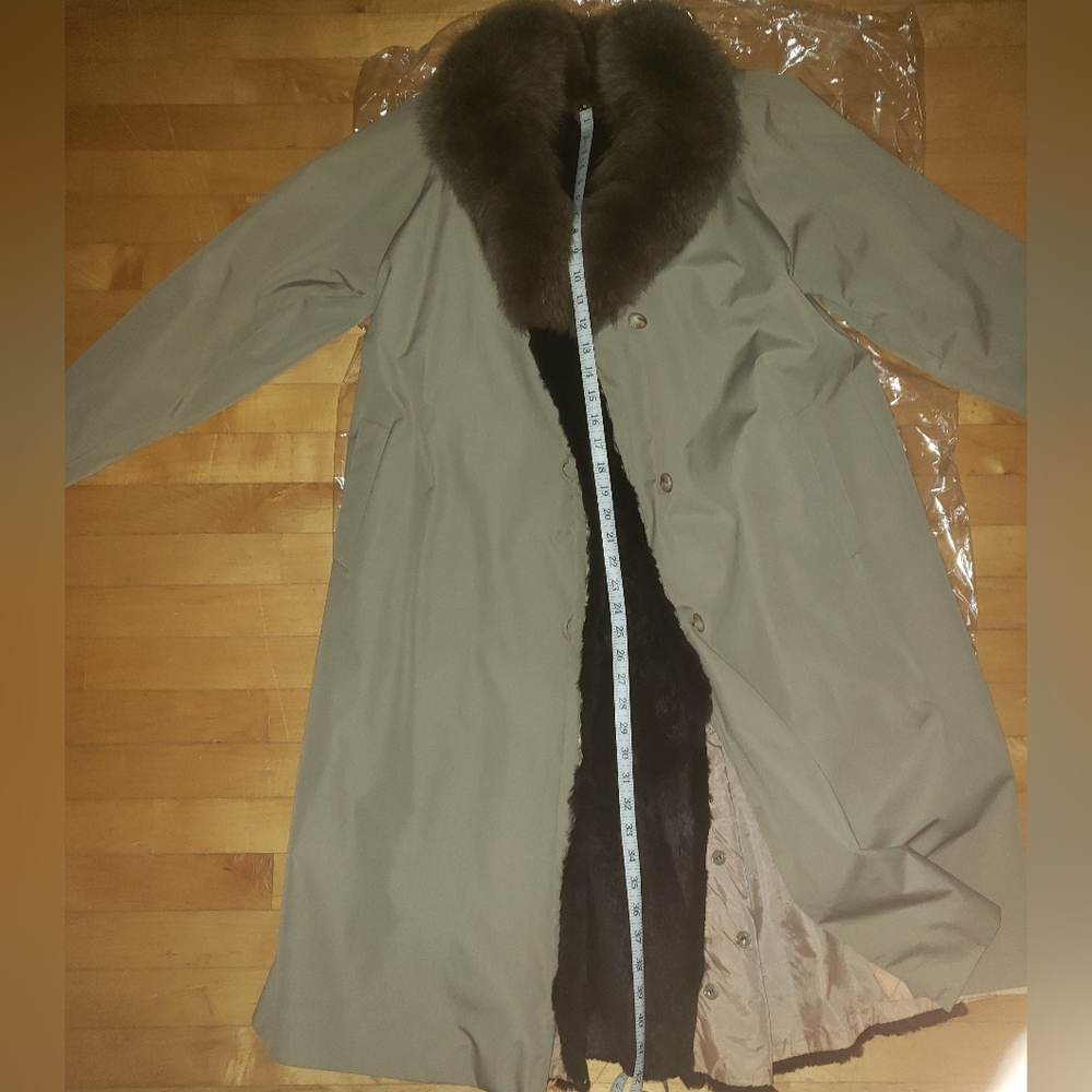 VTG Saks Fifth Avenue fox fur collar sheared fur lining nylon trench coat - Picture 10 of 16